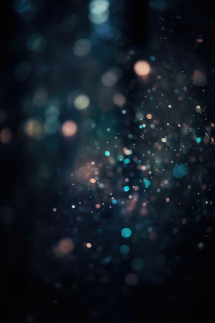 Orange, yellow and blue bokeh light spots at night, vertical, created using generative ai technology. Atmospheric nighttime bokeh lights background, digitally generated image.