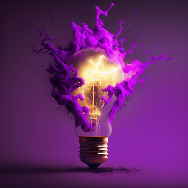 Depiction of a brilliant illuminated light bulb with dynamic, abstract purple smoke emanating from it. The glowing bulb and mystical smoke create a sense of innovation and creativity. Ideal for use in projects related to art, conceptual designs, technology, inspiration, and imaginative concepts. Perfect for advertising, web design, and promotional materials that require a fusion of creativity and modernism.