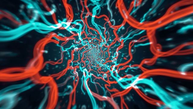 Spiraling neon vortex of cyan and red ribbons with glowing particles and tunnel depth