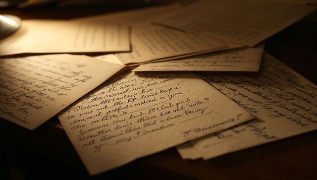 Resting vintage handwritten letters on wooden desk under warm lamplight and shadows