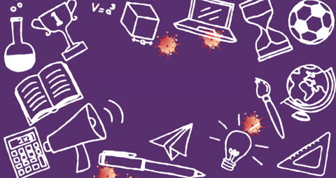 School Icons Featuring Virus Overlay on Bold Purple Background