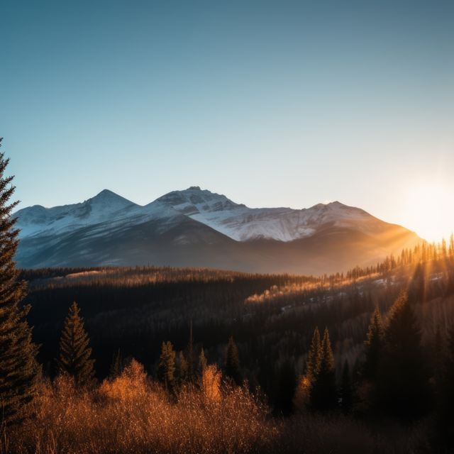 Sunrise bathes a mountain range in warm light, highlighting the serene outdoor landscape. Golden hues and long shadows create a peaceful atmosphere, ideal for nature enthusiasts and landscape photographers.