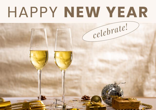 Image of happy new year, glasses with champagne and disco ball on beige background. New year, party and celebration concept.