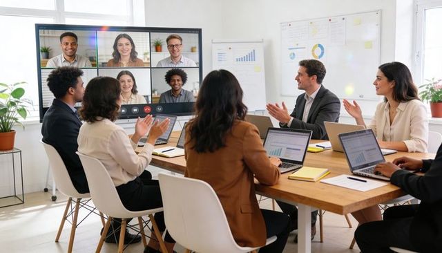 Applauding diverse team in hybrid meeting with remote participants on large screen