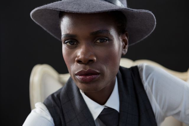 This image captures a close-up of an androgynous man wearing a stylish hat and vest, exuding confidence and a serious expression. Ideal for use in fashion editorials, articles on gender identity, or promotional materials highlighting individuality and modern style.