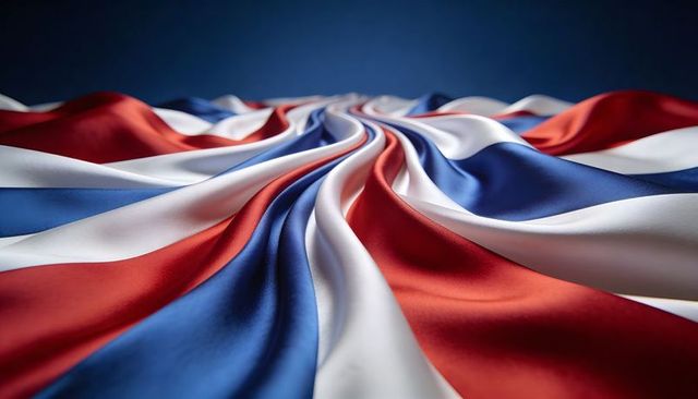 Swirling red white blue satin fabric with glossy folds, waves and reflective texture