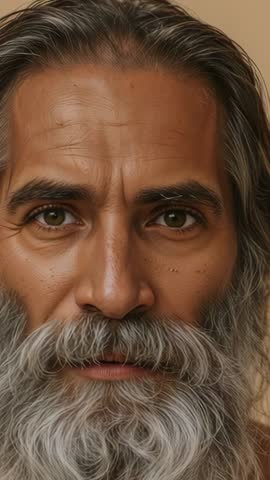 Blinking Middle Eastern elder gazing thoughtfully in close-up vertical video for wisdom