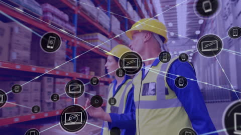 Warehouse Workers Analyzing Inventory with Technology Overlay