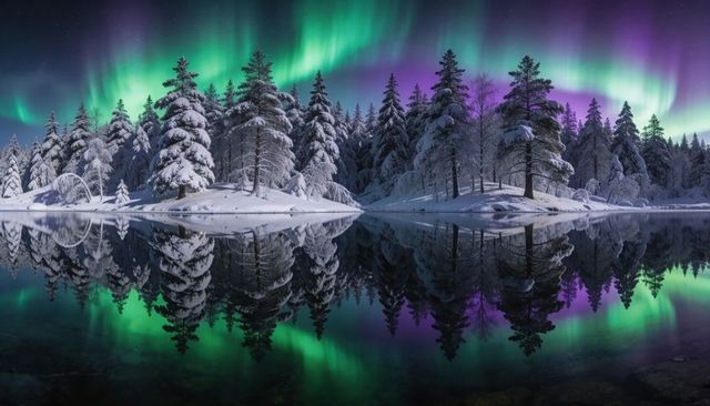Aurora borealis over snow-covered pine forest reflecting on glassy arctic lake