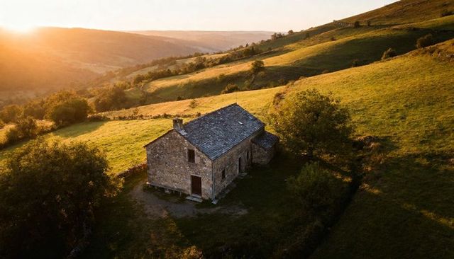 Weathered stone farmhouse basking in golden sunset on rolling green hills and valleys