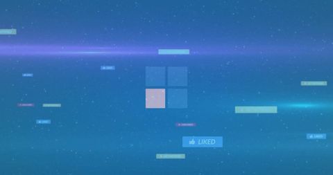 Minimal neon interface featuring translucent four-panel grid with pink pane and liked badge