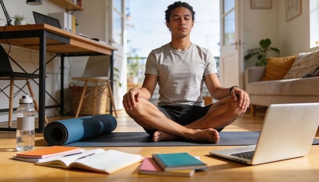 Asian man meditating at home on yoga mat with laptop, notebooks for remote work wellbeing
