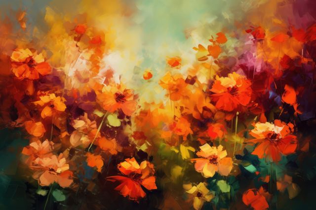 This vivid painting captures the beauty of blossoming flowers with bold, colorful brush strokes, creating an expressive and eye-catching artwork. The blurred background complements the dynamic foreground, establishing a captivating focal point. Ideal for use in art galleries, on greeting cards, or as wall art in homes and offices to add a touch of vibrant creativity.