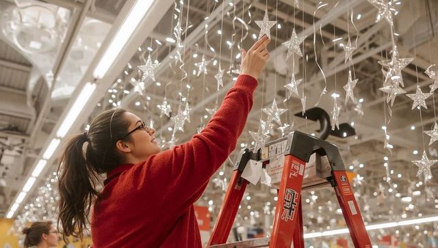 Retail worker adjusting glittering star on ladder decorating festive store aisle display
