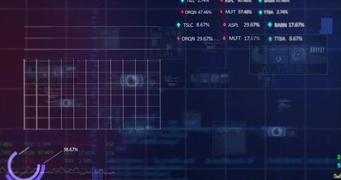 Futuristic financial dashboard translucent grid overlay stock tickers analytics hud