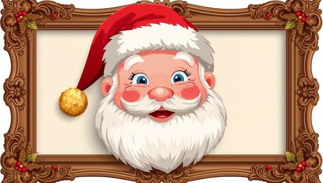 Smiling santa claus portrait in ornate gilded wooden frame with holly and gold pompom