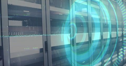 Futuristic data center with digital scan overlay