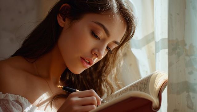 Woman jotting notes in sunlit room during quiet reflection