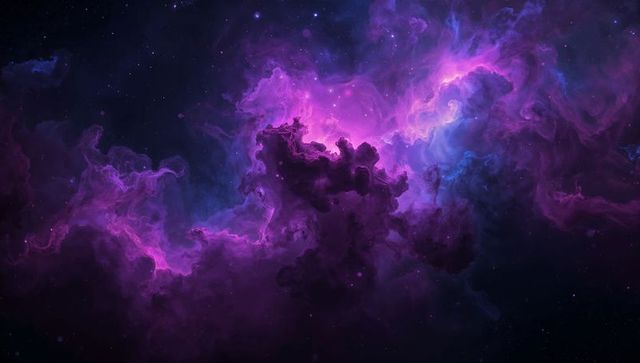 Vibrant Purple-Pink Emission Nebula Swirling with Cosmic Dust and Starfield Depth