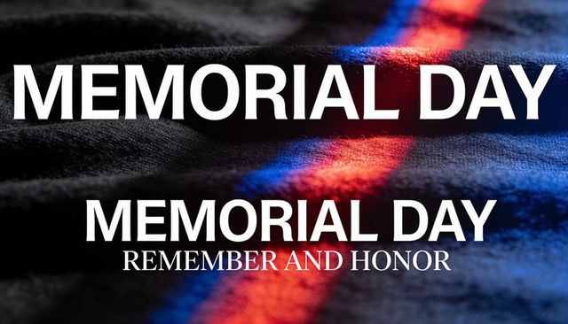 Memorial day remembering and honoring text on dark fabric with red blue diagonal light