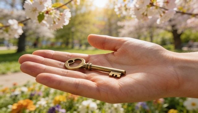Holding antique brass skeleton key on open palm among spring blossoms in sunlit park