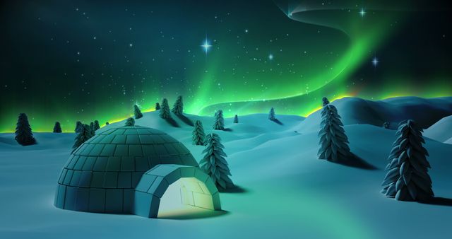 Igloo glowing with warm light under captivating northern lights in snowy winter landscape. Suitable for use in articles about natural wonders, winter travel destinations, and serene winter scenes. Perfect for backgrounds, winter holiday promotions, and educational materials on polar regions and auroras.