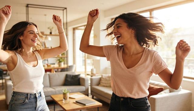 Two friends dancing and laughing in sunlit living room, casual home style
