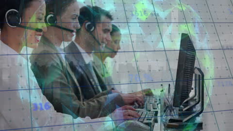 Diverse Call Center Team with Financial Data Overlay