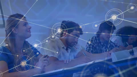 Students Engaging in University Class with Digital Connections Overlay