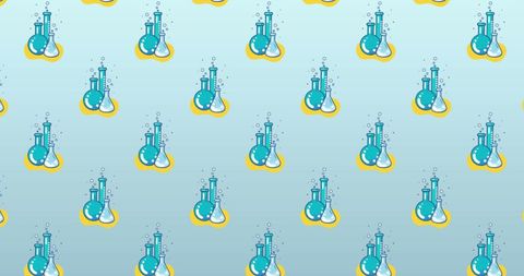 Colorful chemistry beaker icons repeated on blue background