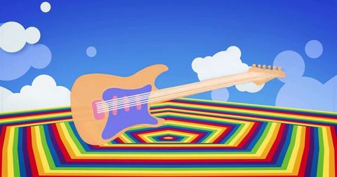 Floating Orange Electric Guitar Above Rainbow Geometric Floor in Whimsical Surreal Scene