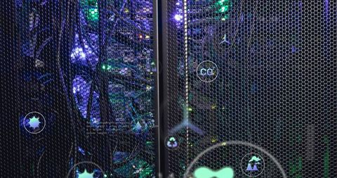 Glowing server rack visible through hex mesh door with telemetry icons dashboard and led fiber cabli