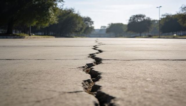 Snaking crack splitting concrete pavement, jagged fissure holding stones and dirt