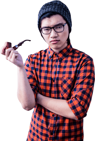 Serious hipster with checkered shirt holding pipe on transparent background