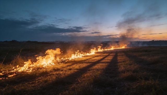 Low line grass fire stretching diagonally across prairie at dusk with smoke plume