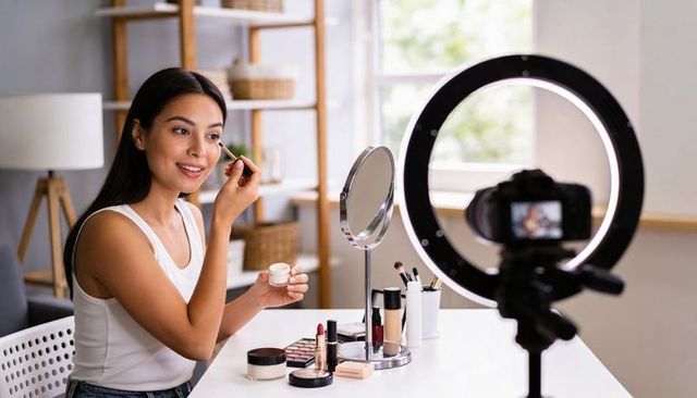 Young Woman Applying Makeup on Camera Using Ring Light for Beauty Tutorial