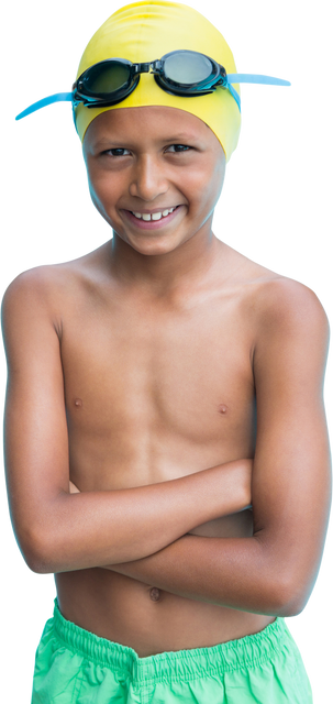 Transparent smiling boy wearing swim cap and goggles with arms folded - Download Free Stock Videos Pikwizard.com