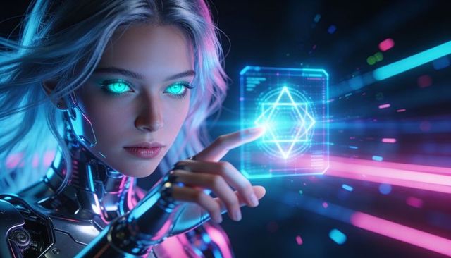 Female android interacting with holographic hexagram interface, neon cyberpunk ai control