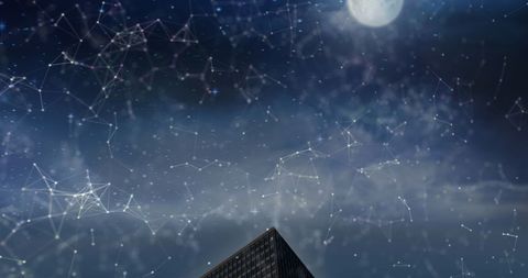 This visual captures a nighttime scene with a corporate building and a digital data network overlay depicting data processing streams. Ideal for use in presentations related to technology innovations, business processes, or networking advancements, showcasing the intersection of architecture and digital transformation.