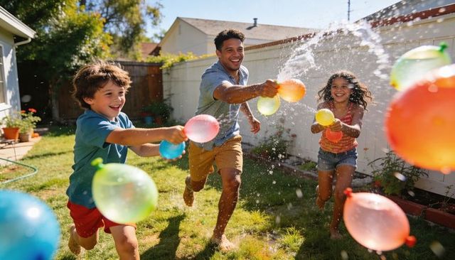 Father and children having colorful water balloon fight in sunny backyard