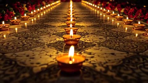 Gliding Camera Along Row of Lit Diyas on Patterned Floor with Red Flowers