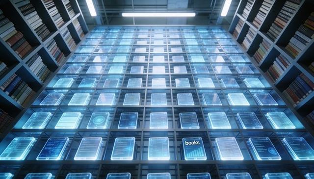 Vertical Holographic Library Archive with Glowing Digital Tablet Grid and Metal Shelves