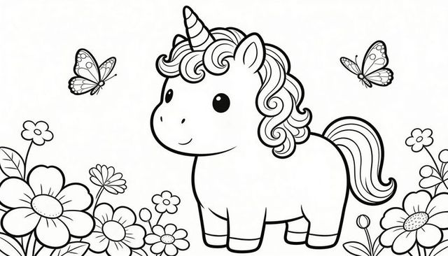 Adorable cartoon unicorn coloring page featuring flowers and butterflies for kids