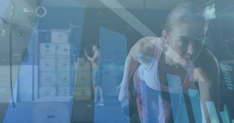 Focused woman lifting dumbbells with chart overlays in fitness gym