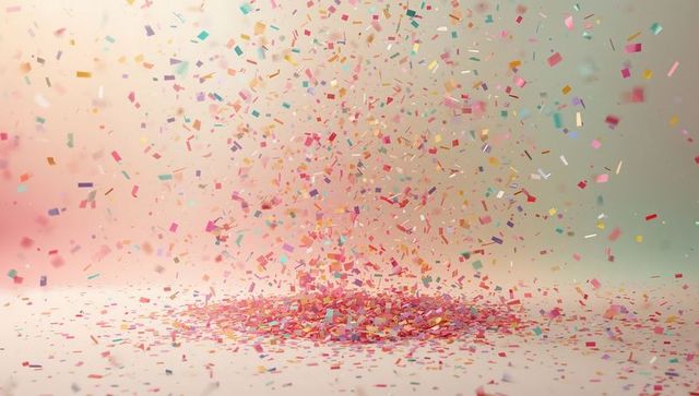 Pastel confetti explosion forming low pile with metallic shimmer on soft gradient background