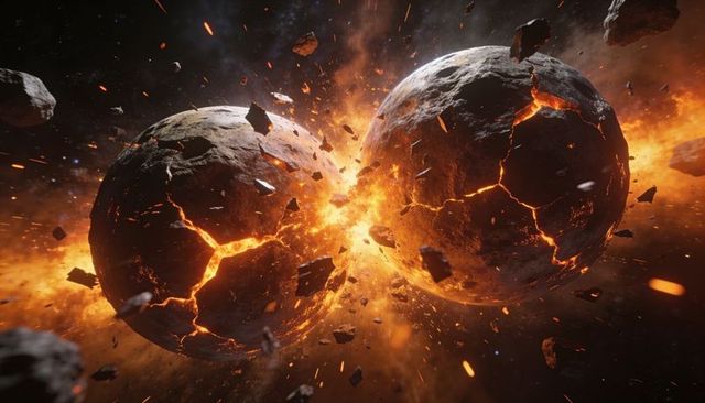Colliding molten planets shattering into fiery debris and lava-filled fissures, cosmic clash