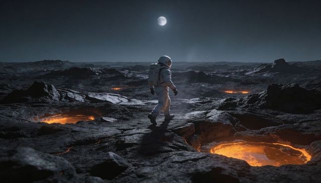 Walking astronaut exploring volcanic lunar landscape under moonlight with glowing lava pits