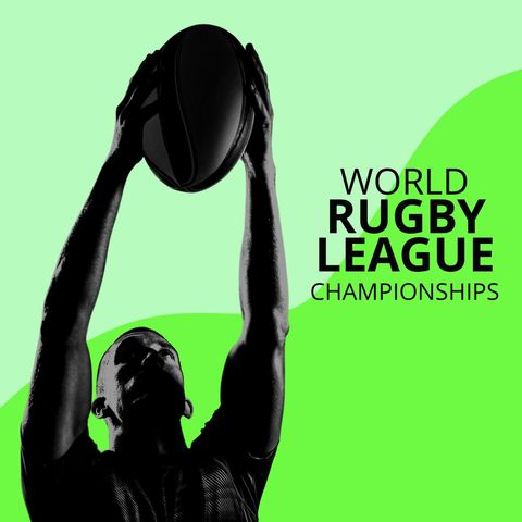 Rugby player reaching for ball under championship announcement
