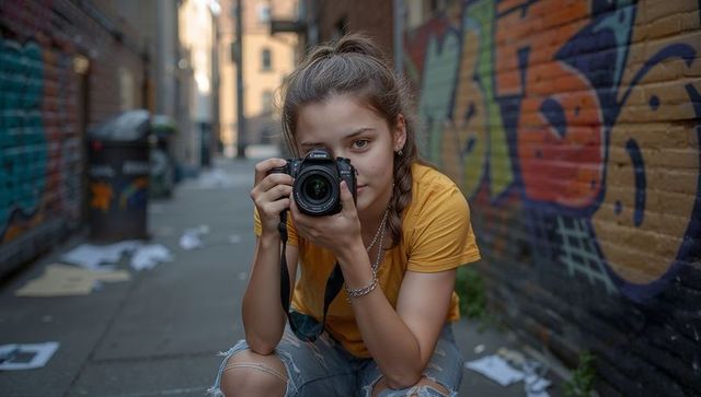 Squatting teen photographer holding dslr in graffiti alley, urban candid portrait