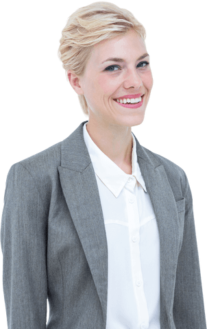 Transparent Smiling Businesswoman in Grey Suit
